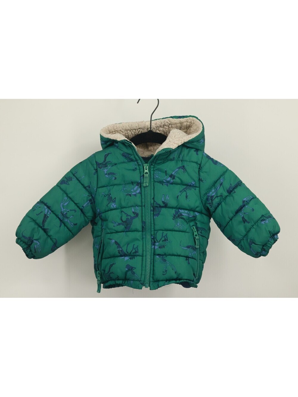 OshKosh B'gosh Boys Green Dinosaur Skeleton Puffer Jacket 18M Sherpa Hooded Coat
